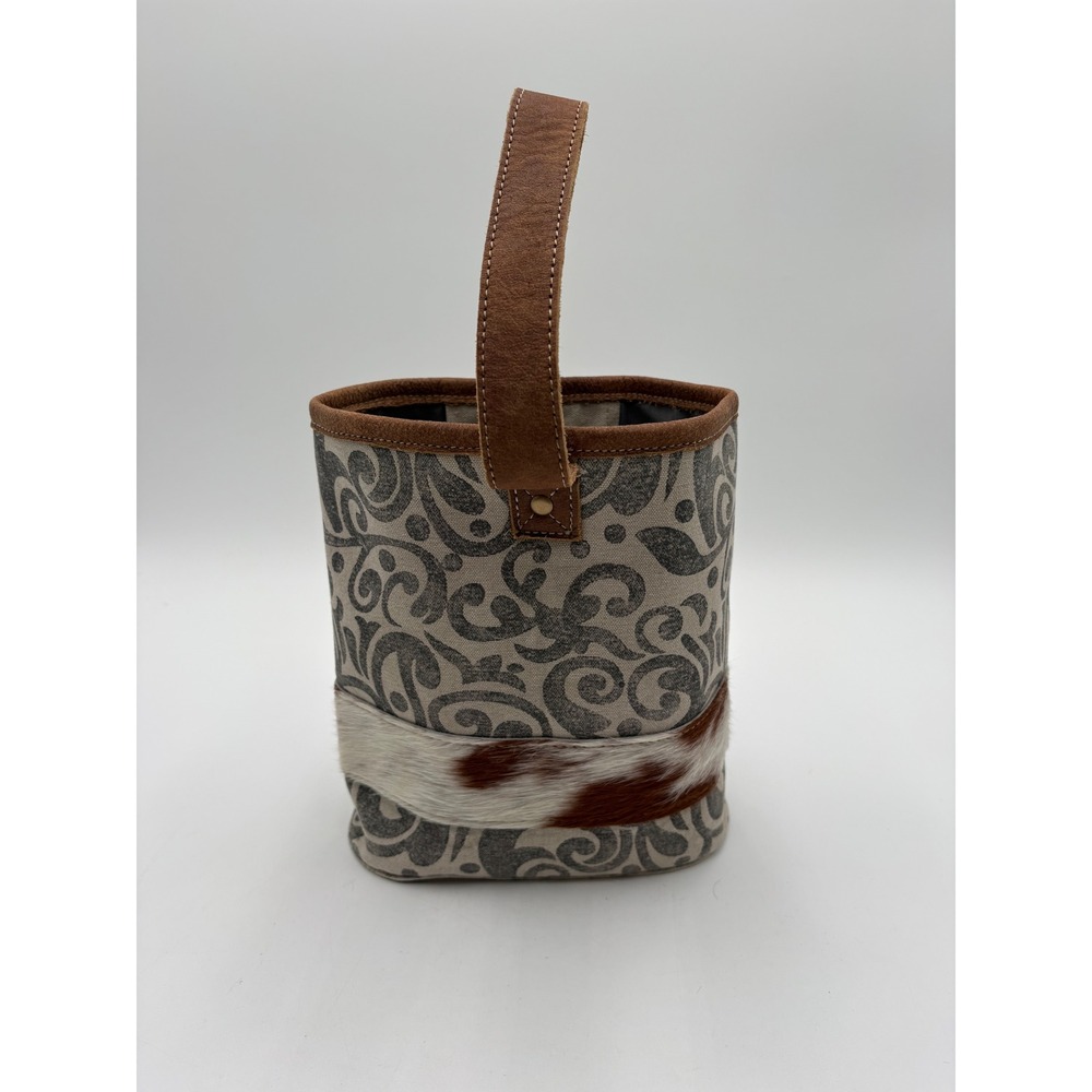 Myra Bag Canvas Leather Cowhide Small Bucket Bag Wine Toteโ Grey Scroll Boho